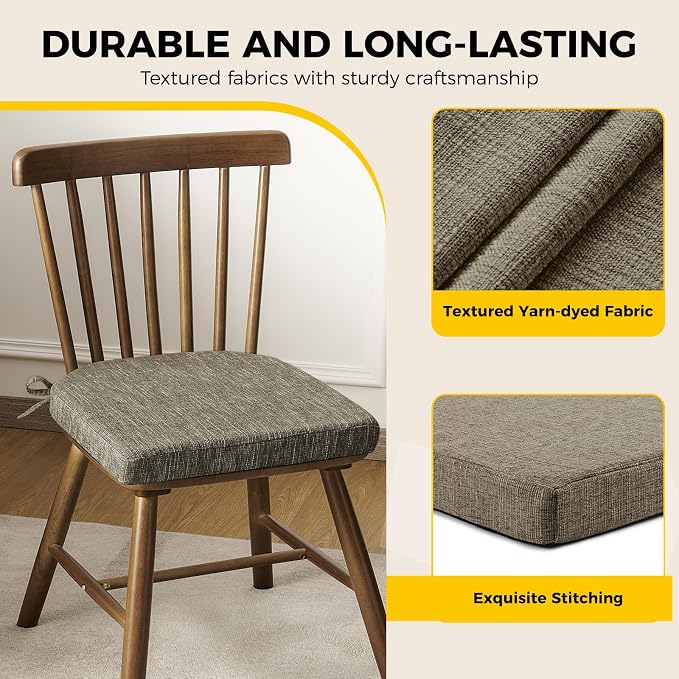 downluxe Indoor Chair Cushions for Dining Chairs, Soft and Comfortable Textured Foam Kitchen Chair Pads with Ties and Non-Slip Backing, 16" x 16" x 2", Khaki, 2 Pack - Image 6