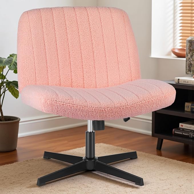 OLIXIS Criss Cross Chair, Vanity Chair, Home Office Desk | Cute Furry Teddy Fleece, Height Adjustable, Armless Wide Seating for Bedroom Student Study Room,Teddy Pink No Wheel - Image 3