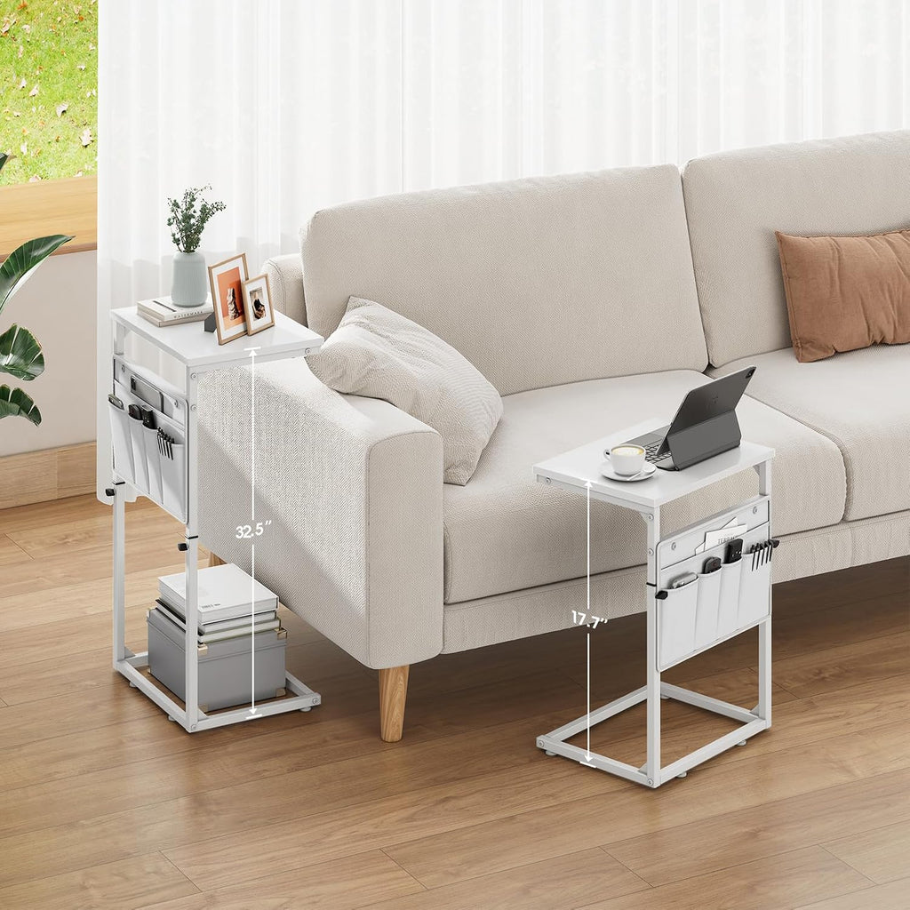 C Shaped End Table, 33" Tall Side Table for Couch, Adjustable Height Small Couch Side Table for Small Spaces, C Table End Table Slide Under Sofa Table TV Tray for Living Room Bedroom, White - Image 6
