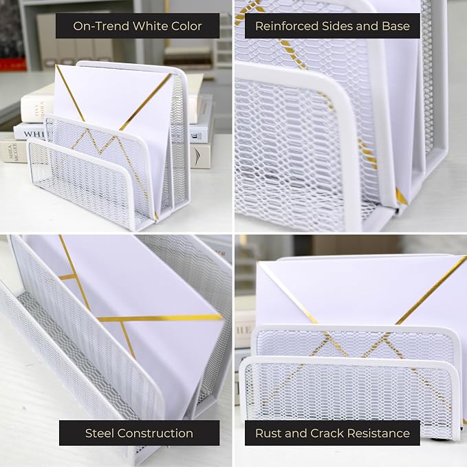 BLU MONACO White Metal Mesh Letter Sorter | 3-Slot Mail Organizer for Desk, Office & Home | Vertical File & Envelope Holder | Modern Mail Sorter for Documents, Bills & Files - Image 2