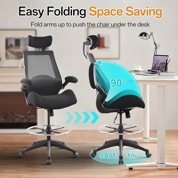 BOLISS Drafting Tall Office Chair 400lbs High Back Standing Desk Chair | Comfortable Wide Chair with Flip up Armrests, Adjustable Headrest,Molded Foam Seat, Lumbar Cushion, Adjustable Big FootRing - Image 6