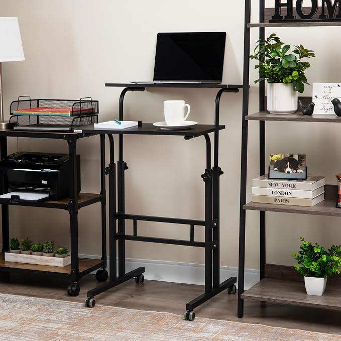Mind Reader Standing Desk, Adjustable Height Laptop Workstation, Portable Rolling Desk on Wheels, Two-Tier Metal Frame, Black - Image 6
