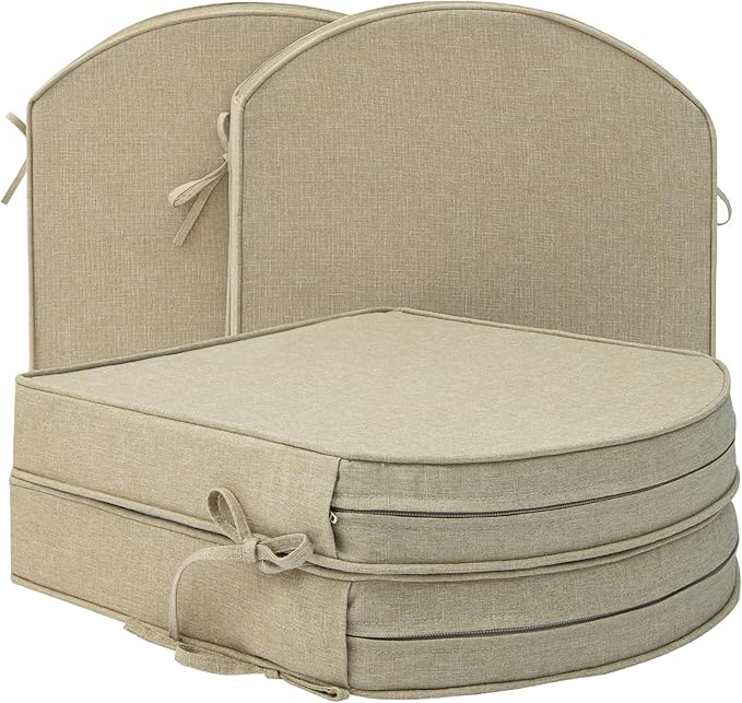Outdoor Chair Cushions, Fade-Resistant & Water-Resistant, D Shaped Patio Furniture Seat Chair Pads Replacement with Ties, Non-Slip Bottom, Removable Cover, Set of 4, 18.5 x 16 Inch, Natural by Unknown