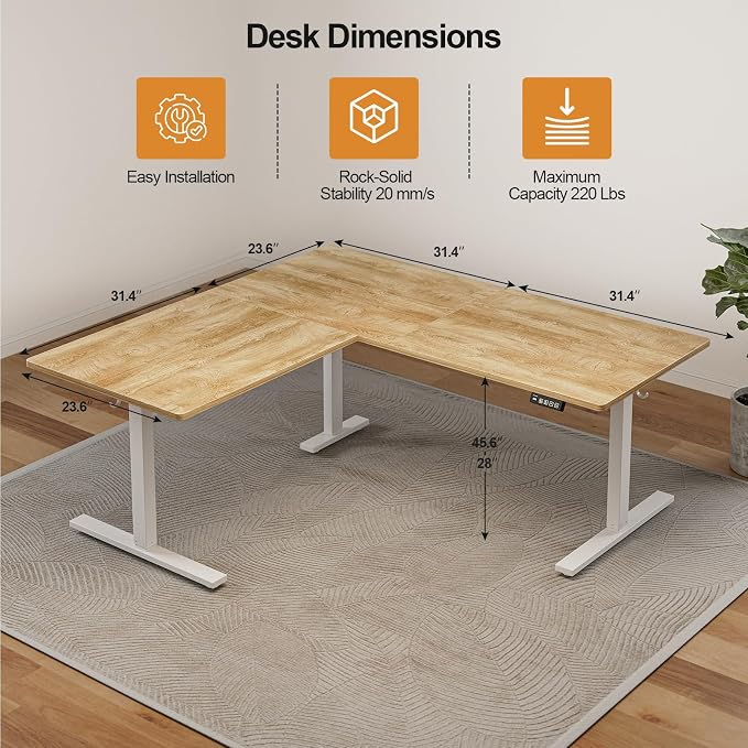 Grandder 63 x 55 Inch L Shaped Standing Desk, Electric Height Adjustable Corner Stand Up Desk, Sit Stand Corner Table Home Office Table, Oak Top White Frame - Image 3