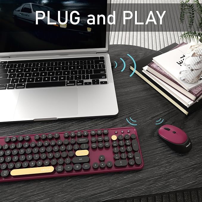 Colorful Wireless Computer Keyboards Mouse Combos (Black Claret) | UBOTIE Polychrome Round Keycaps Retro PC keyboards 2.4GHz Radio Frequency Connection With Optical Mouse Power Switch - Image 3