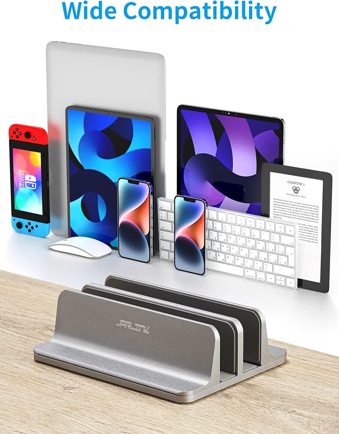 JARLINK Double Vertical Laptop Stand, Adjustable Aluminum Desk Dock, Black | Vertical Laptop Holder Fits up to 17.3" Notebooks, Space-saving Desktop Organizer for MacBook, Surface, Dell & Gaming Laptops - Image 2
