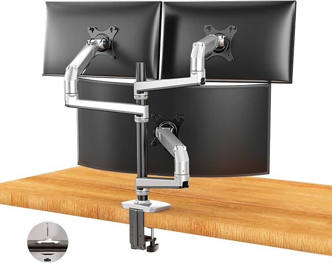 Ergounion Heavy Duty Triple Monitor Mount, Mechanical Spring 3 Monitor Arm for Ultrawide & Curved Screens, Fits Three 13-40 Inch Displays up to 25 lbs Per Arm, Premium Aluminum VESA Stand, Silver by Ergounion