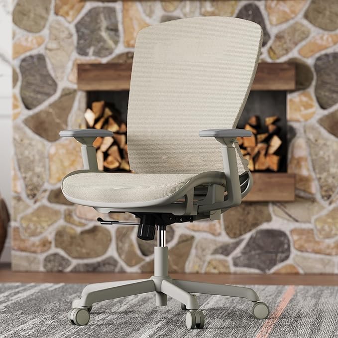 Mesh Office Chair,Ergonomic Computer Desk Chair,Sturdy Task Chair- Adjustable Lumbar Support & Armrests,Tilt Function,Comfort Wide Seat,Swivel Home Office Chair (Beige) - Image 2