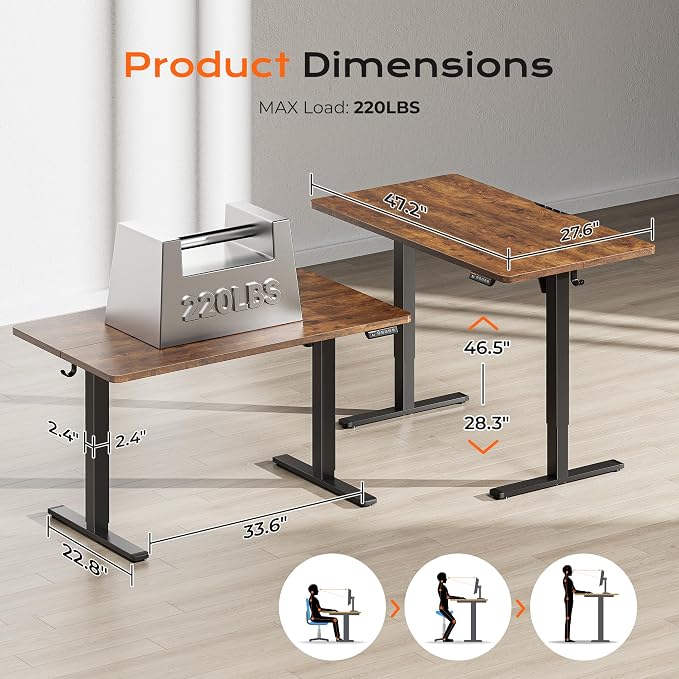 Huuger 48 x 28 Large Electric Standing Desk, Height Adjustable Desk, 27.6" Deep Desktop, Stand up Gaming, 2 Hooks, 3 Preset Heights, for Home Office, Rustic Brown - Image 2