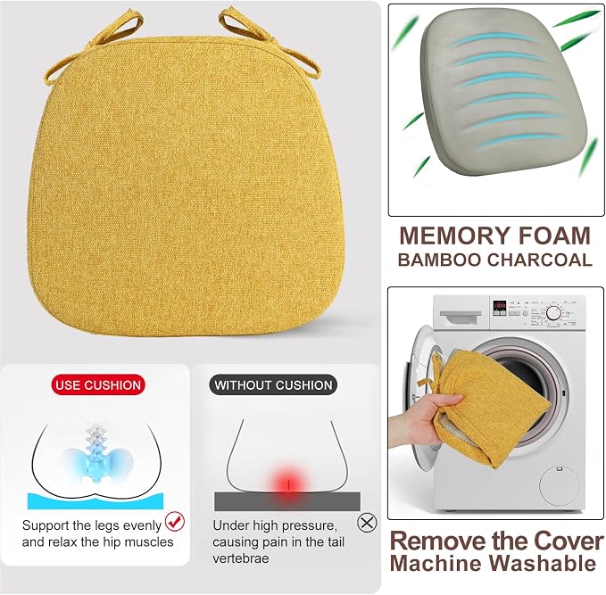 SINOSSO 4 Pack Memory Foam Chair Cushions for Dining Chairs, Friendly Woven Fabric 16" U-Shape Comfortable Kitchen Chair Pads, Removable Slip Resistant Seat Cushions (Set of 4, Yellow) - Image 5
