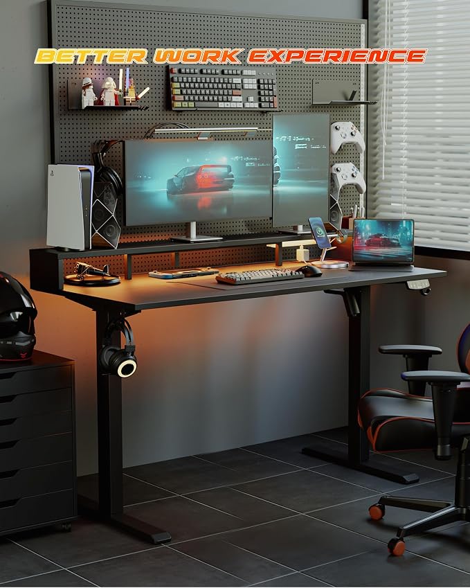 Agilestic 55 * 24 Inch Electric Standing Desk with Shelf & Led, Black | Electric Height Adjustable, Outlets&Led, Monitor Stand, Sturdy Steel Frame, Memory Presets, Hooks, 154 lbs, Splice Board - Image 2