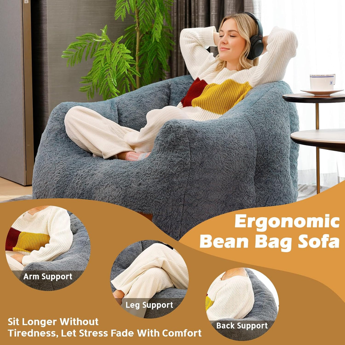 Giant Bean Bag Chair for Adults, Teens and Kids, Cozy Fluffy Corduroy Beanbag Chair with Filler, Large Floor Lounge Sofa for Living Room, Bedroom, Dorm, Gaming and Reading(XL-Navy) - Image 3
