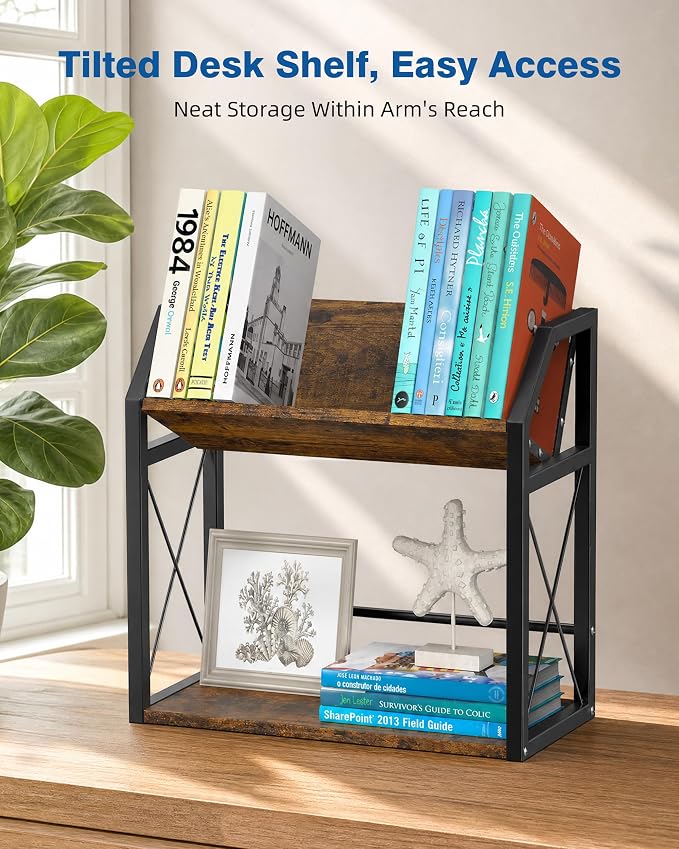 Desktop Bookshelf, Wooden Desk Shelf Organizer, Brown | 2-Tier Desk Top Storage Rack for Office, Dorm, Bedroom Decor, Small Tabletop Shelf for Books, Plants & Accessories - Image 6