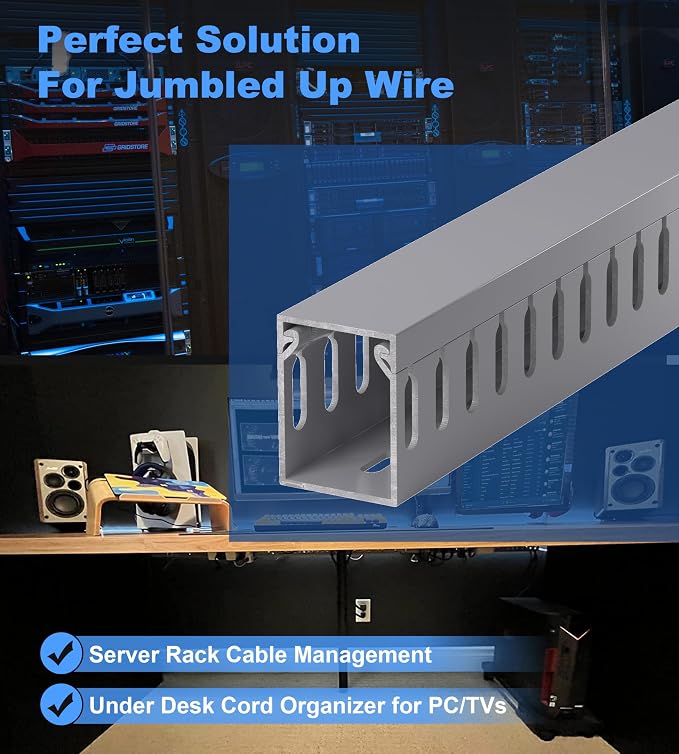 1.6"H x 1.2"W Cable Raceway, 6ft Under Desk Wire Management Channel, Black | Slotted Wire Duct, 2 Pack (3 ft Each), Heavy-Duty PVC Cable Management for Server Racks, Network Cables & Electrical Cabinets - Image 5