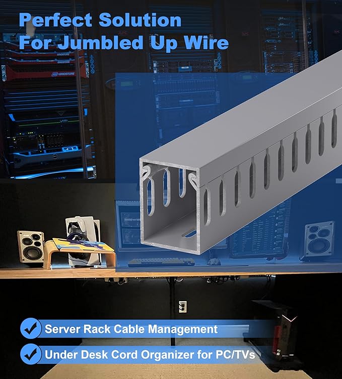 1.6"H x 1.2"W Cable Raceway, 99in Under Desk Wire Management Channel, Grey | Slotted Wire Duct, 6Pack, 16.5in Each, Heavy-Duty PVC Cable Management for Server Racks, Network Cables & Electrical Cabinets - Image 5