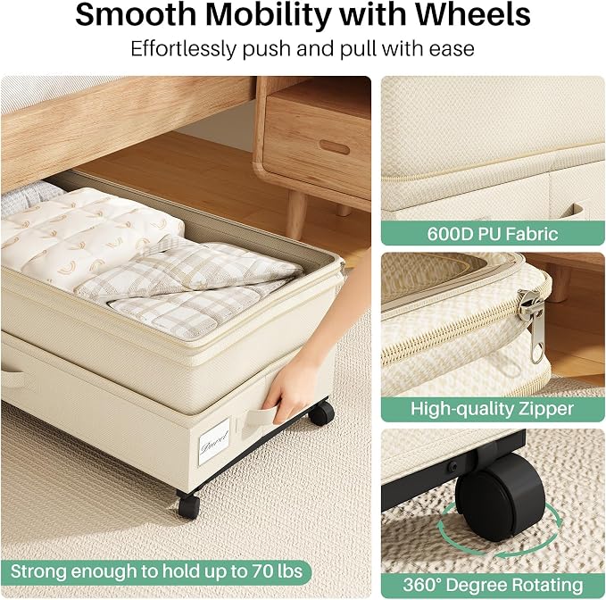 Kitstorack 4 Pack Height-adjustable Under Bed Storage with Wheels, Under Bed Storage Containers,Under Bed Shoe Storage Organizer with Clear Window&Label, Suitable for Clothes Storage, Beige - Image 4