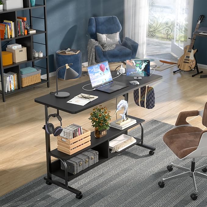 47" Rolling Standing Desk with Charging Station for Couch Bed | Height Adjust 27.5-41", 2 AC/3 USB, Mobile 4 Lockable Wheels, 2-tier Shelves Hook, Safe Corner Fast Assembly - Image 2