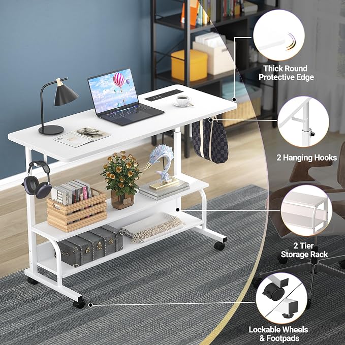 39" Rolling Standing Desk with Charging Station for Couch Bed | Height Adjust 27.5-41", 2 AC/3 USB, Mobile 4 Lockable Wheels, 2-tier Shelves Hook, Safe Corner Fast Assembly - Image 5
