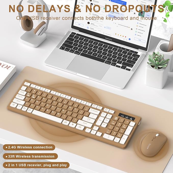 Wireless Keyboard and Mouse Combo Silent for Office and Home(Mocha Color-A) | 2.4G Full Size Silent Cordless Keyboard with Tilt Legs,3-Level DPI Quiet Mouse,for Windows/Mac OS/Desktop/Laptop/PC - Image 2