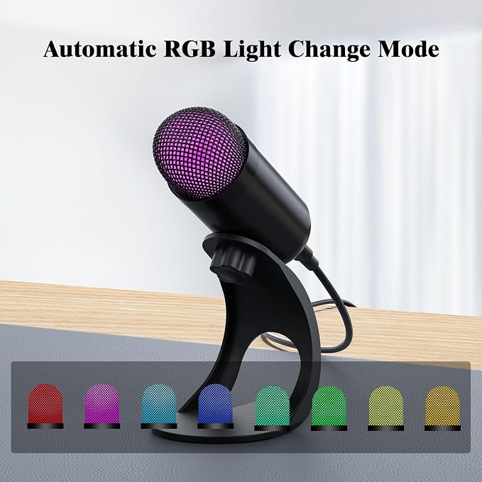 USB Computer Microphone, Podcast Mic Desktop with Mute Button for Recording Streaming, Color Change, Omnidirectional Condenser, Plug and Play with Stand for PC, Laptop, Mac, YouTube - Image 5