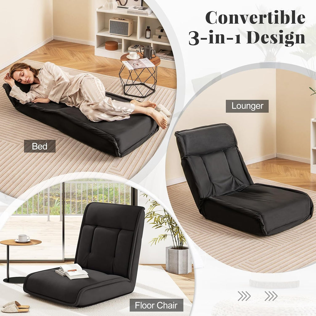 COSTWAY Folding Floor Chair, Convertible Lazy Sofa (Black) - Image 5
