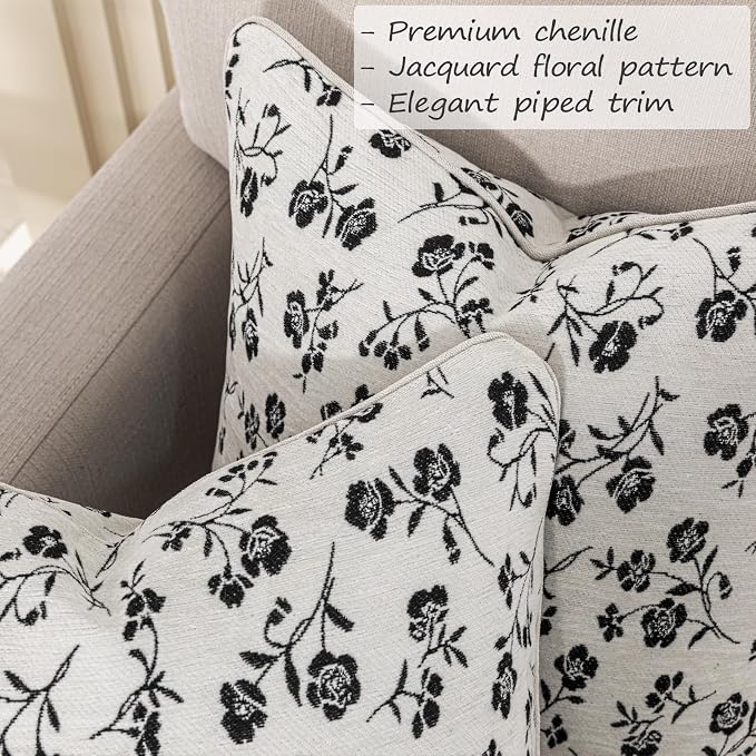 18x18 Chenille Jacquard Throw Pillow Cover, Off-White Vintage Floral Cushion Case with Piped Edges, Decorative Accent for Sofa, Couch & Bed, 2 Pack - Image 3