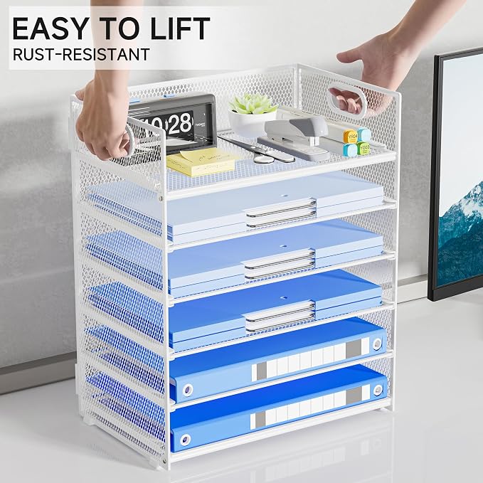 Paper Organizer for Desk with Handle, 6-Tier | Metal Mesh File Organizer, Stackable Letter Tray for Office Documents & Stationery Storage - Image 3