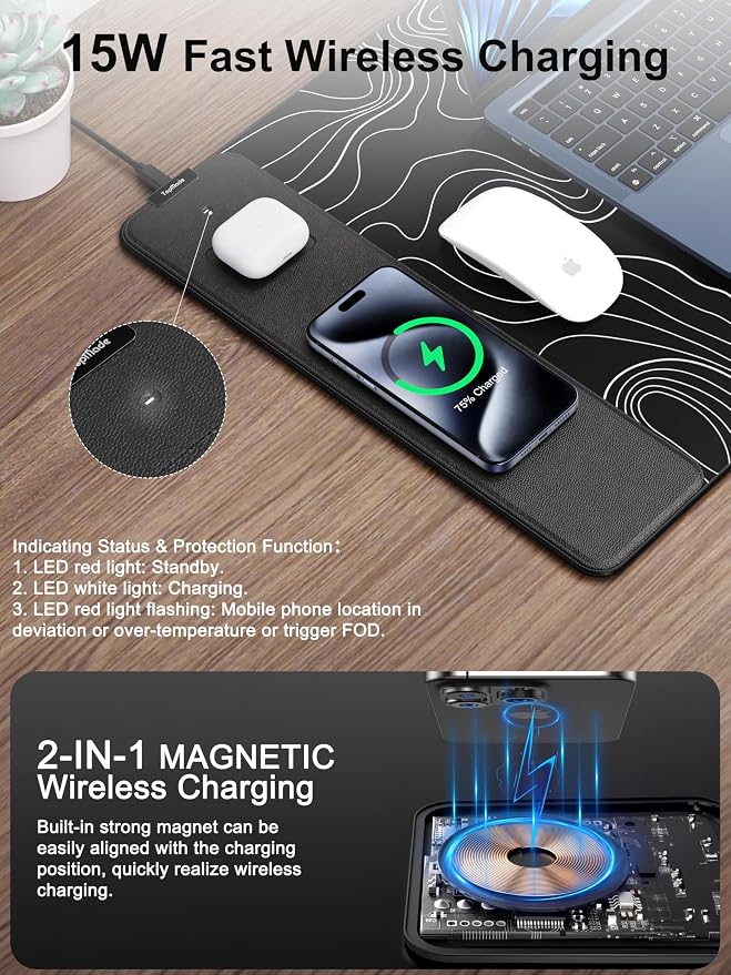 TopMade Mouse Pad with 15W Fast Wireless Charging, 31.5"x15.75" XXL Large Gaming Waterproof Desk Pad with Ultra-Smooth Surface, Non-Slip Base, Computer Desk Mat, Black Topographic Map #2 - Image 2