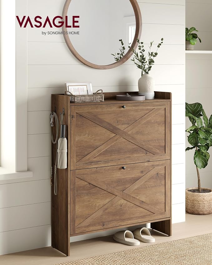 VASAGLE Narrow Shoe Storage Cabinet Organizer with 2 Flip Drawers | Freestanding Shoe Rack, Fits 14 to 16 Pairs, for Entryway, Farmhouse Style, Honey Brown, HAINS Collection UHSC203KB01S - Image 3