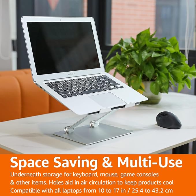 Amazon Basics Sturdy and Portable Ergonomic Laptop Stand for Desk, Height Adjustable Riser with Ventilated Cooling, Foldable, Fits all Laptops up to 15.6 Inch, Silver - Image 8