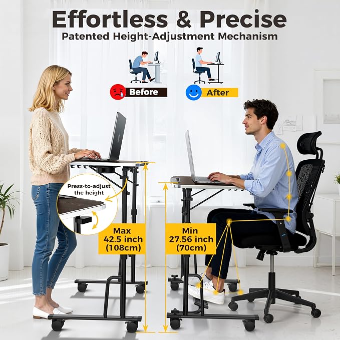 Foldable Standing & Rolling Desk, Upgraded Portable Desk on Wheels | Adjustable Height & Angle, Sturdy Mobile Table Workstation for Laptop with Footrest, Cup Holder, Edge Stopper & iPad Holder - Image 3