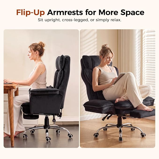 GTPLAYER Big and Tall Office Chair,Executive Ergonomic Computer Gaming Chair with Foot Rest,Flip Armrests for Pets & Extra Space,Soft Velvet Wide Seat Reclining Desk Chair,Black - Image 9