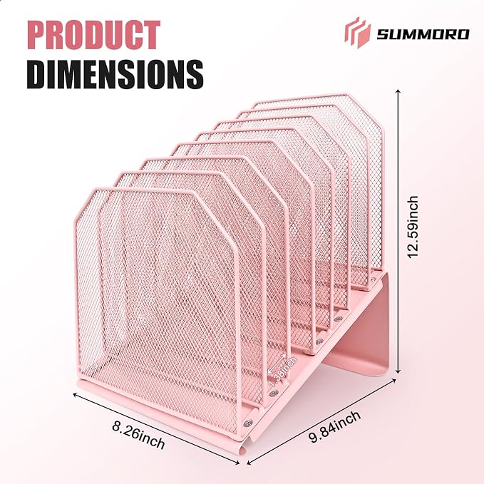 SUMMORO Inclined File Organizer for Desk, 7-Section Vertical File Holder | Office Desk Organizer Metal Rack File Folder, Wire Mesh Desktop Document Sorter, for Office School Classroom Home (Pink) - Image 3