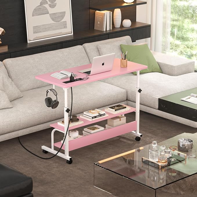 32" Rolling Standing Desk with Charging Station for Couch Bed | Height Adjust 27.5-41", 2 AC/3 USB, Mobile 4 Lockable Wheels, 2-tier Shelves Hook, Safe Corner Fast Assembly - Image 8