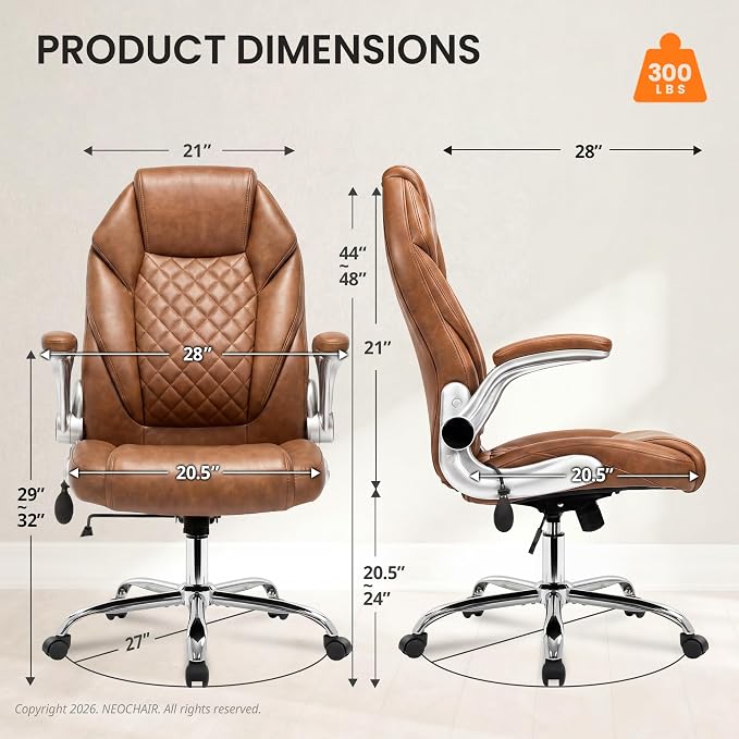 NEO CHAIR Executive Leather Chair, Ergonomic Office Chair, Lumbar Support | Brown Ergonomic Office Chair with High Back, Flip-Up Arms and Wide Seat, Comfortable Gaming Chair with Wheels for Back Pain - Image 3