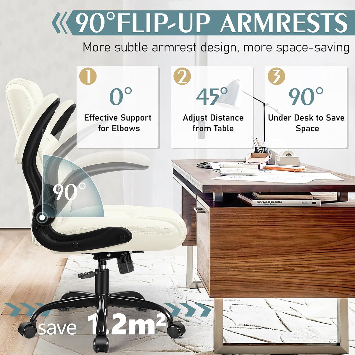 Leather Office Chair, PU Home Computer Desk Chairs with Ergonomic Back Support, 360°Swivel Free，Small Gaming Chair with Wheels and Adjustable Armrests, for Short People Use - Image 4