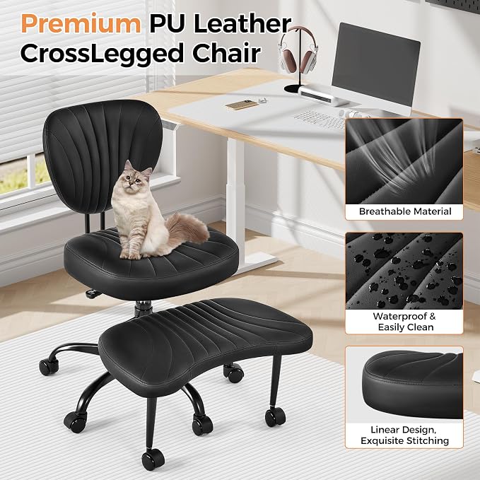 Cross Legged Office Chair,Ergonomic Criss Cross Chair with Wheels | 360° Swivel Height-Adjustable Meditation Chair for Yoga & ADHD, Wide Kneeling Chair with Strong Lumbar Support (Black) - Image 7