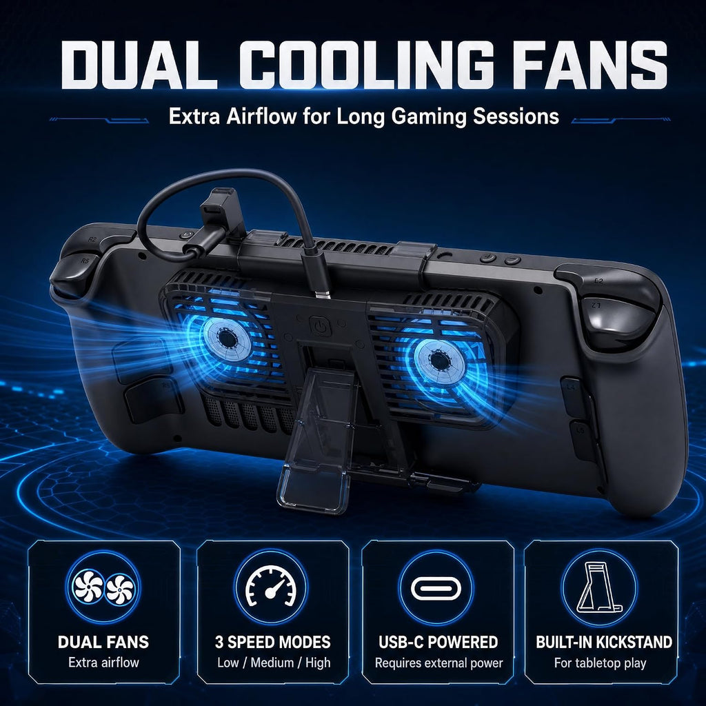 Steam Deck Cooling Fan with Stand, Dual Fan Cooler for Steam Deck, Adjustable Speed USB-Powered Cooler with Blue LED, Portable Cooling Stand for Handheld Gaming - Image 2
