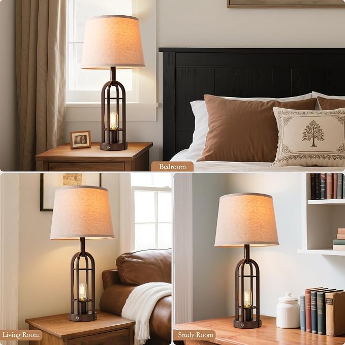 SRJJA 24" Table Lamps for Living Room Set of 2, Rustic Farmhouse 3-Way Dimmable Touch Industrial Bedside Lamps with USB A+C for Bedroom Nightstand，4 Bulbs Included - Image 5