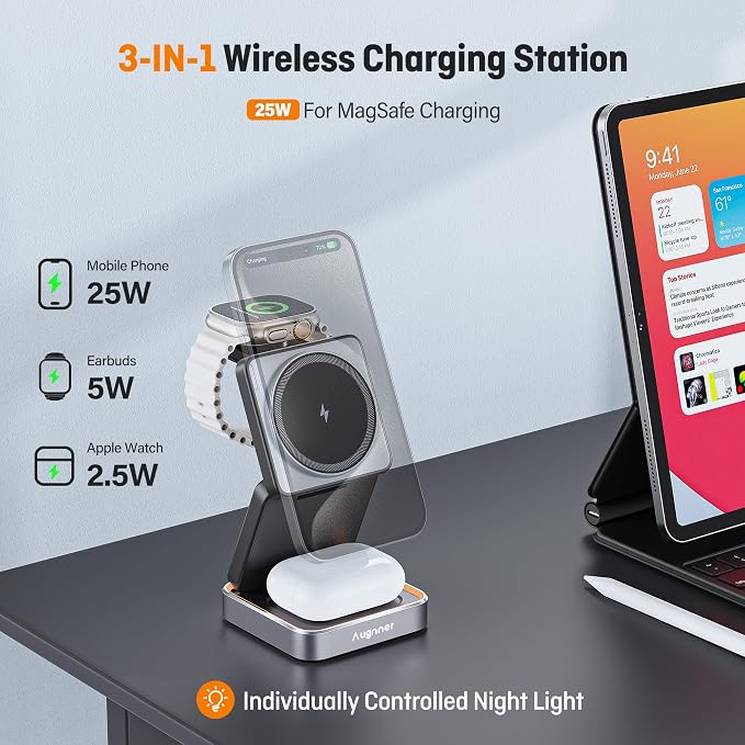 Augnner 25W 3-in-1 Charging Station for Apple Device, Black Foldable Magnetic Wireless Charger, Fast Travel Charging Stand for iPhone17/16/15/14/13/12 Series, AiWatch/AirPods - Image 5
