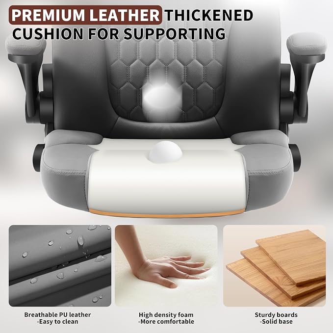 PU Leather Office Chair Swivel Lumbar Support for Short People Grey | Executive Office Chair PU,Leather Office Chair with Wheels,360° Swivel Rolling Chair with Padded Arm,Ergonomic Computer Chair - Image 7