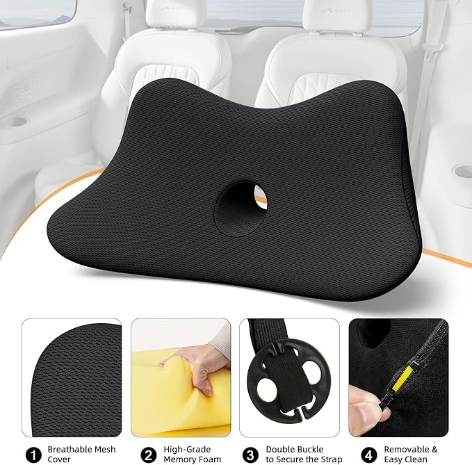 Benazcap Lumbar Support Pillow for Car, Lower Back Support Pillow for Sciatica & Back Pain Relief, 2 in 1 Memory Foam Seat Cushion for Office Chair, Car Seat - Black - Image 4