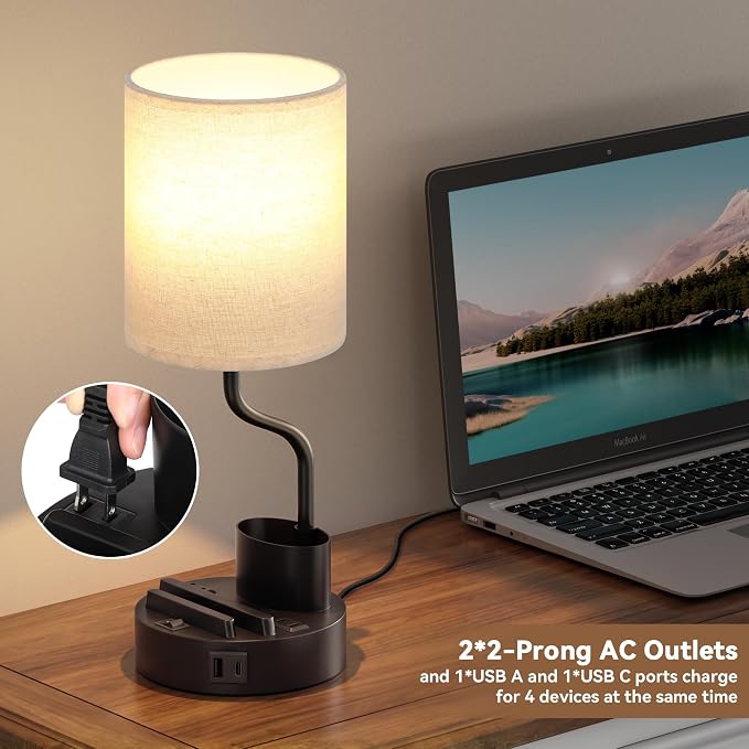 Bedside Lamps for Bedroom Set of 2 - Table Desk Lamp for Nightstand | 15" Table Lamp for Living Room with Pen Holder & Phone Stand, USB A+C Port, AC Outlet, 3 Color Temperature, LED Bulb Included - Image 8