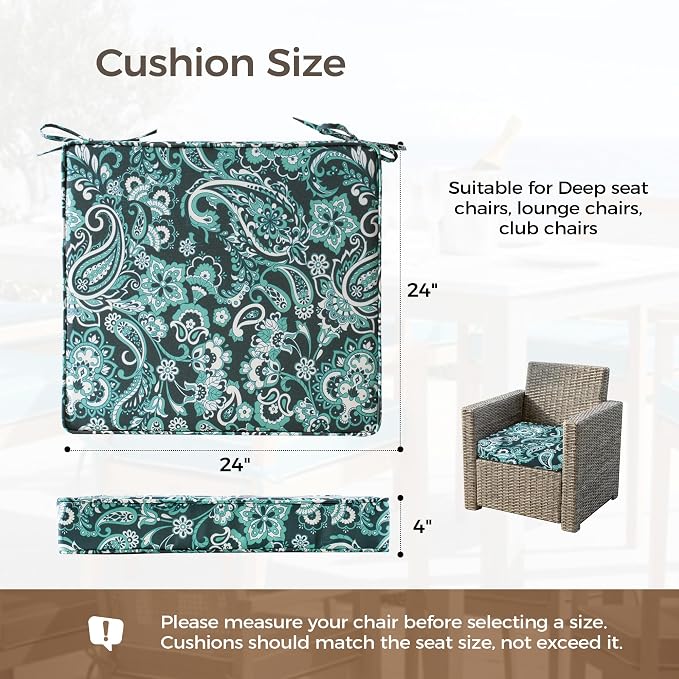 UNIKOME Outdoor Chair Cushions Set of 4, Water Resistant Patio Seat Cushions with Ties for Outdoor Furniture, High-Density Foam, UV & Fade Resistant, Piped Edge – 24" x 24" x 4", Boho Teal Paisley - Image 2