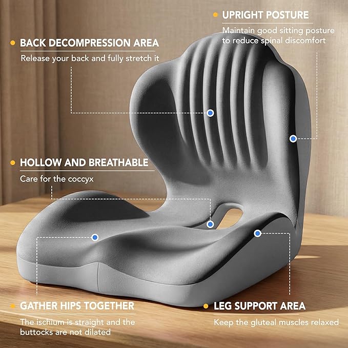 Ergonomic Seat Cushion with L-Shaped Design for Office Chair (Grey) | Memory Foam Orthopedic Cushion with Coccyx Hollow, Lumbar Support & Tailbone Pain Relief for Car, Truck, Gaming Chair - Image 5