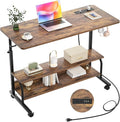 39" Rolling Standing Desk with Charging Station for Couch Bed | Height Adjust 27.5-41", 2 AC/3 USB, Mobile 4 Lockable Wheels, 2-tier Shelves Hook, Safe Corner Fast Assembly by Armocity