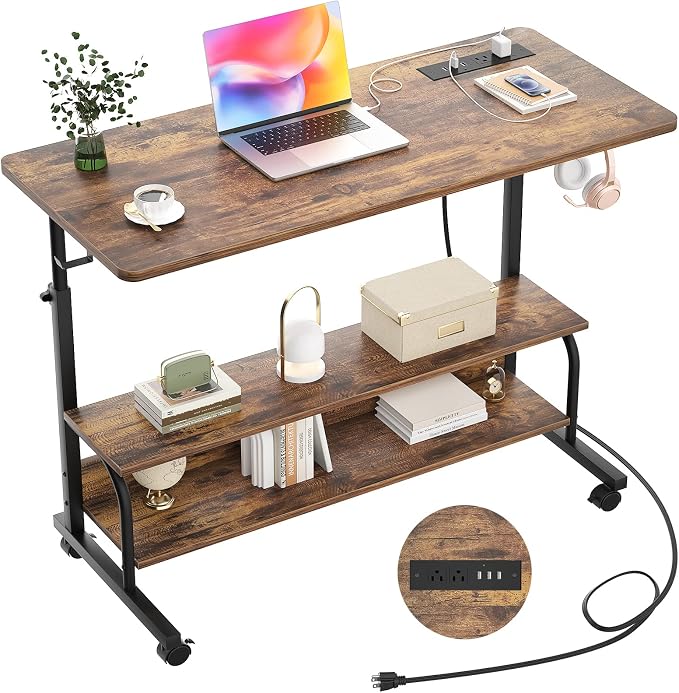 39" Rolling Standing Desk with Charging Station for Couch Bed | Height Adjust 27.5-41", 2 AC/3 USB, Mobile 4 Lockable Wheels, 2-tier Shelves Hook, Safe Corner Fast Assembly by Armocity