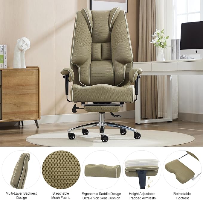 EXCEBET Big and Tall Executive Office Chair 400lbs Wide Seat, Mesh Green | Wide seat for extra comfort, Retractable footrest, 135° reclining, Lumbar support, Breathable mesh,Ergonomic high back design - Image 7