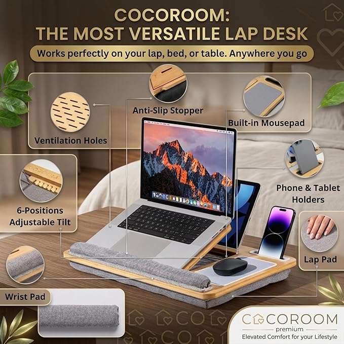 Lap Desk for Adults, Vented 6-Angle Laptop Bed Tray Table, Gray | Cushion pillow base | Phone & tablet holder | Foldable portable couch & sofa stand | Writing, reading, study, drawing, 17in - Image 2