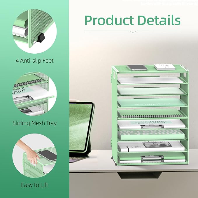 9-Tier Paper Organizer for Desk with Handles, Mint Green, 2 Pack | Desk File Organizer with Removable Trays for Sorting Files, Folders, Mail and Printer Paper at Home, School or Office - Image 5